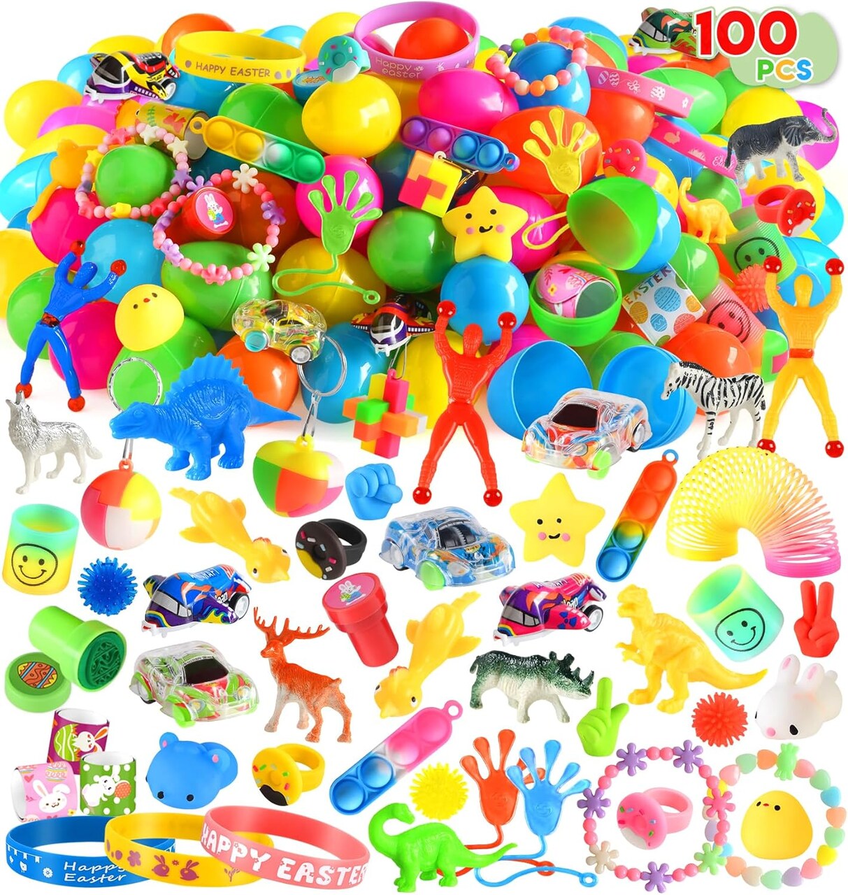 100Pcs Prefilled Easter Eggs with Toys, Filled Easter Eggs with Toys Inside, Easter Eggs Filled Basket Stuffed